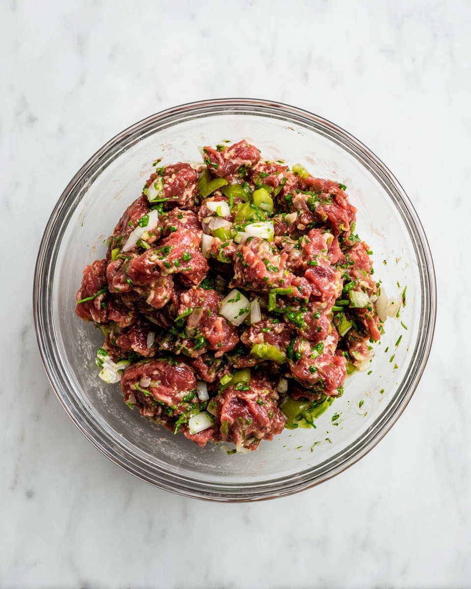 A clear glass bowl holds a mixed raw meat blend with visible chunks of green herbs and white onion pieces, creating a rough texture with red, green, and white colors all mixed together evenly. The bowl sits on a white marbled surface with no other items around. The mixture looks fresh and ready to be cooked photo taken with an iphone --ar 4:5 --v 7