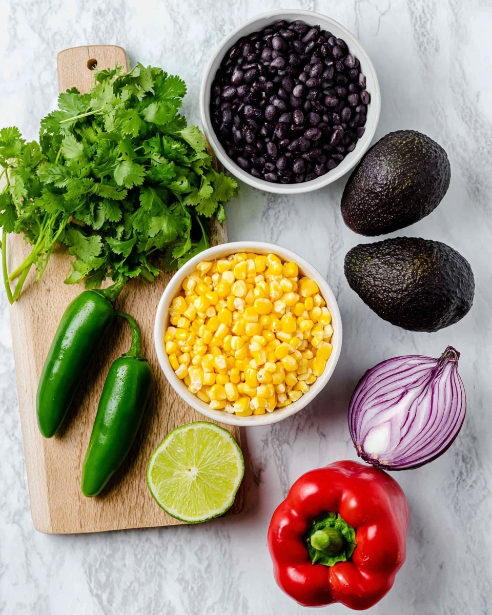 The image shows fresh ingredients arranged on a white marbled surface, ready for use. There are two whole dark green avocados with bumpy skin on the top right. Near them are two white bowls, one filled with shiny black beans and the other full of bright yellow corn kernels. On the left side, a wooden cutting board holds a bunch of fresh green cilantro, a green jalapeño pepper, and a lime cut in half showing its light green inside. Below the board is a large, whole red bell pepper with a green stem, and to the right of it is a half piece of purple-red onion with visible layers. The colors are bright and natural, creating a fresh and inviting look for cooking. photo taken with an iphone --ar 4:5 --v 7
