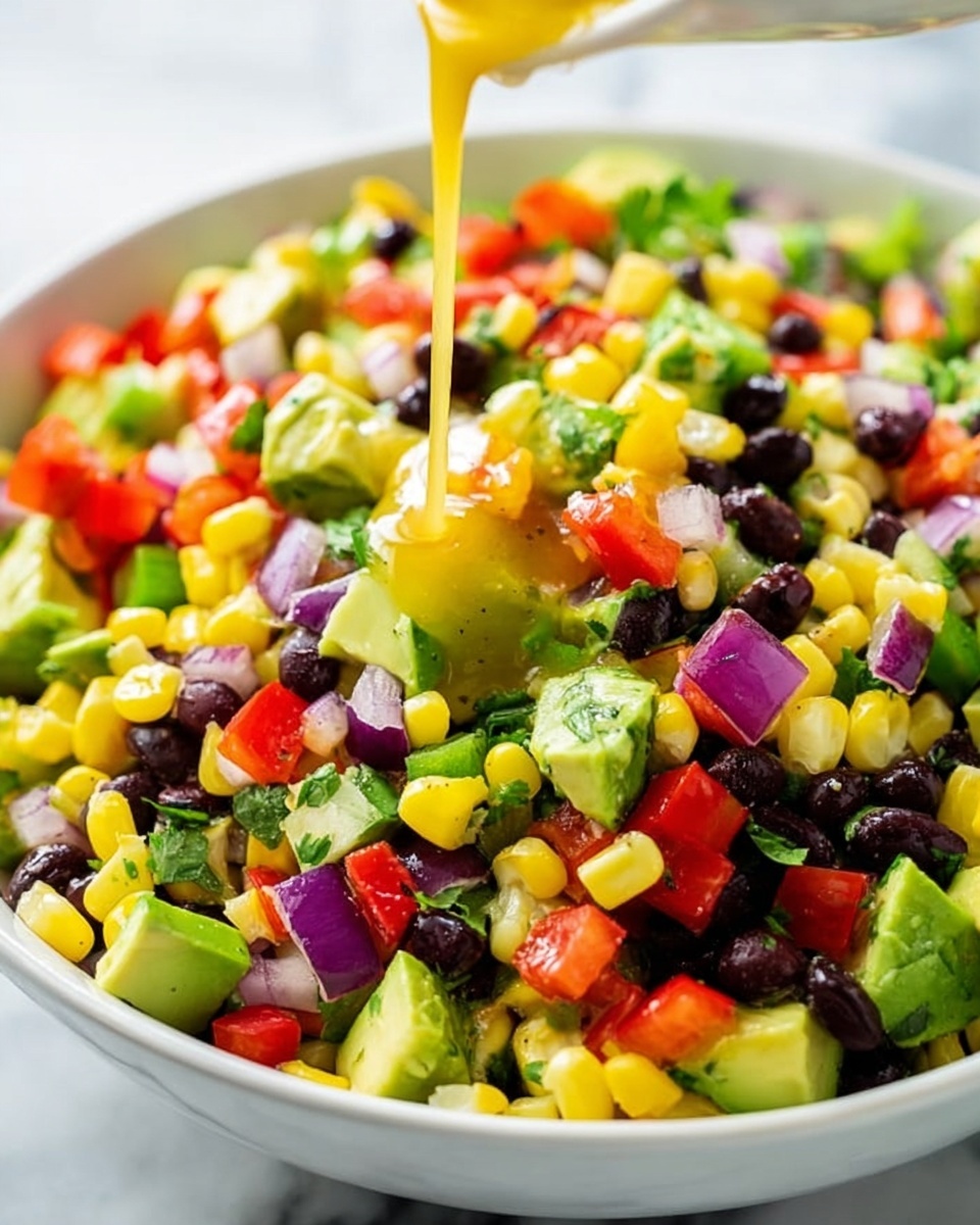 A close-up view of a colorful fresh salad in a white bowl, showing multiple layers of diced yellow corn, bright green avocado chunks, red bell pepper pieces, black beans, small purple onion cubes, and some chopped green herbs mixed evenly throughout. A yellow dressing is being poured over the top, adding a shiny layer covering the ingredients. The bowl sits on a white marbled surface, highlighting the vibrant colors of the salad. photo taken with an iphone --ar 4:5 --v 7