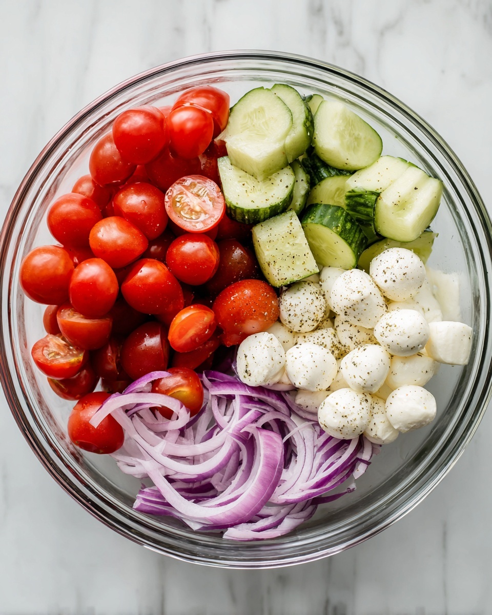 A clear glass bowl filled with four main layers: bright red cherry tomatoes, some whole and some cut in half on the top left; green cucumber slices with darker outer skin and light green inside on the top right; white small mozzarella balls seasoned with black pepper on the bottom left; and thin purple-red slices of red onion on the bottom right. The bowl is placed on a white marbled surface. photo taken with an iphone --ar 4:5 --v 7