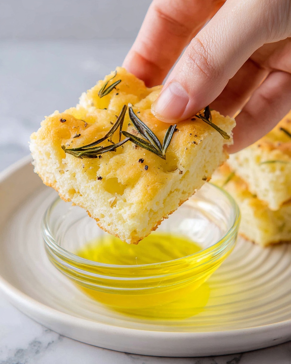 A close-up of a woman's hand holding a square piece of golden focaccia bread with a rough, bumpy texture and small black pepper specks, topped with scattered dark green rosemary leaves. The bread is being dipped into a small clear glass bowl filled with bright yellow olive oil. The bowl sits on a white plate with subtle ridges along the edge, placed on a white marbled surface in soft light. photo taken with an iphone --ar 4:5 --v 7
