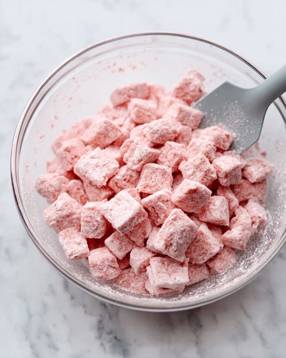 A clear glass bowl filled with small, pink, cubed pieces of food that look soft and slightly textured, likely coated with a powdery substance. Inside the bowl, next to the cubed pieces, is a gray spatula resting on top of some of the cubes. The bowl is placed on a white marbled surface. Photo taken with an iphone --ar 4:5 --v 7
