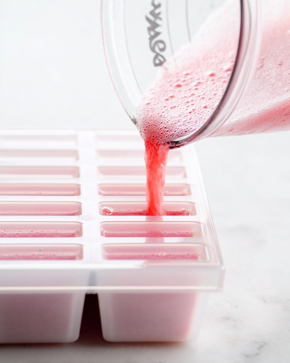 A clear measuring cup is tilted, pouring a pink, frothy liquid into one of the rectangular sections of a translucent white popsicle mold tray. The texture of the pink liquid looks smooth with small bubbles on the surface. The tray has two rows of four rectangular mold slots each and sits on a white marbled surface. The background is plain white, giving a clean and bright look. photo taken with an iphone --ar 4:5 --v 7