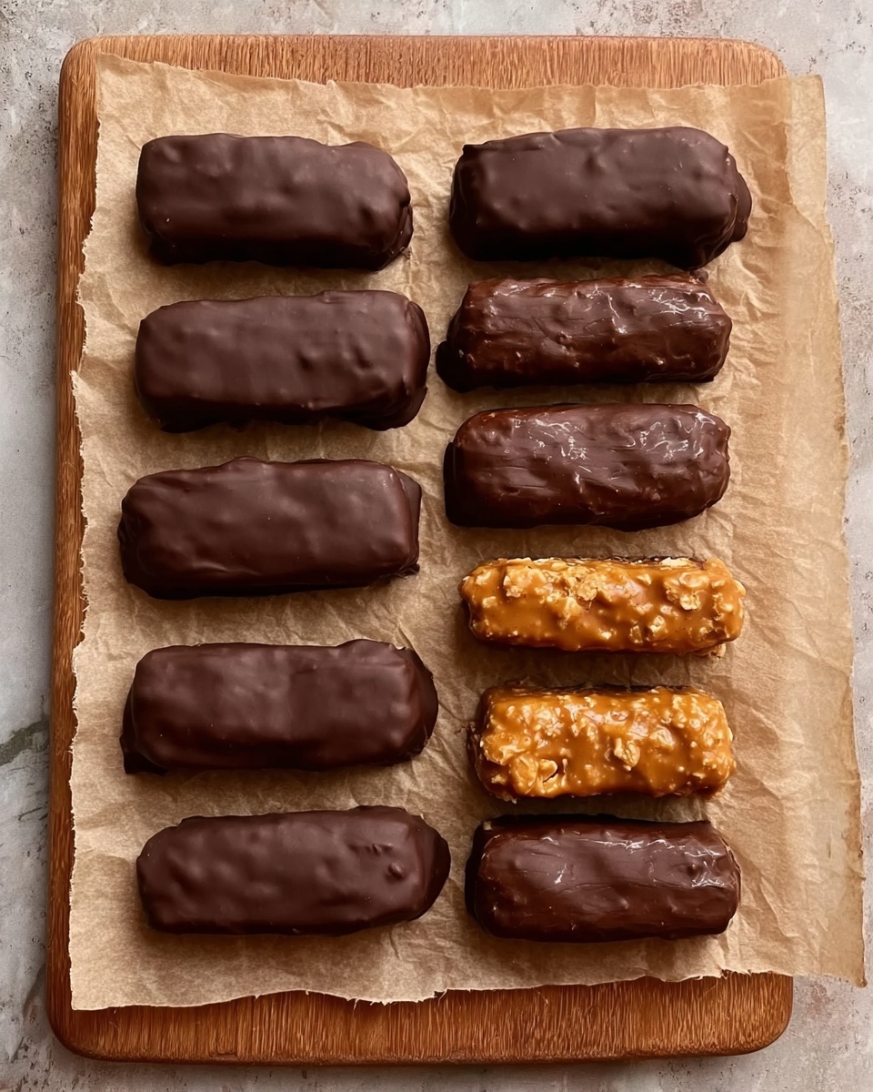 The image shows a wooden board with a white marbled texture surface, covered by a sheet of brown parchment paper, holding two columns of treats arranged in rows. The left column has seven dark chocolate-covered bars with a smooth, shiny texture, slightly irregular in shape, aligned neatly on the parchment. The right column shows two bare golden-brown bars with a sticky, rough texture resembling peanut or nut clusters, placed below five more chocolate-covered bars similar to the left column. Photo taken with an iphone --ar 4:5 --v 7