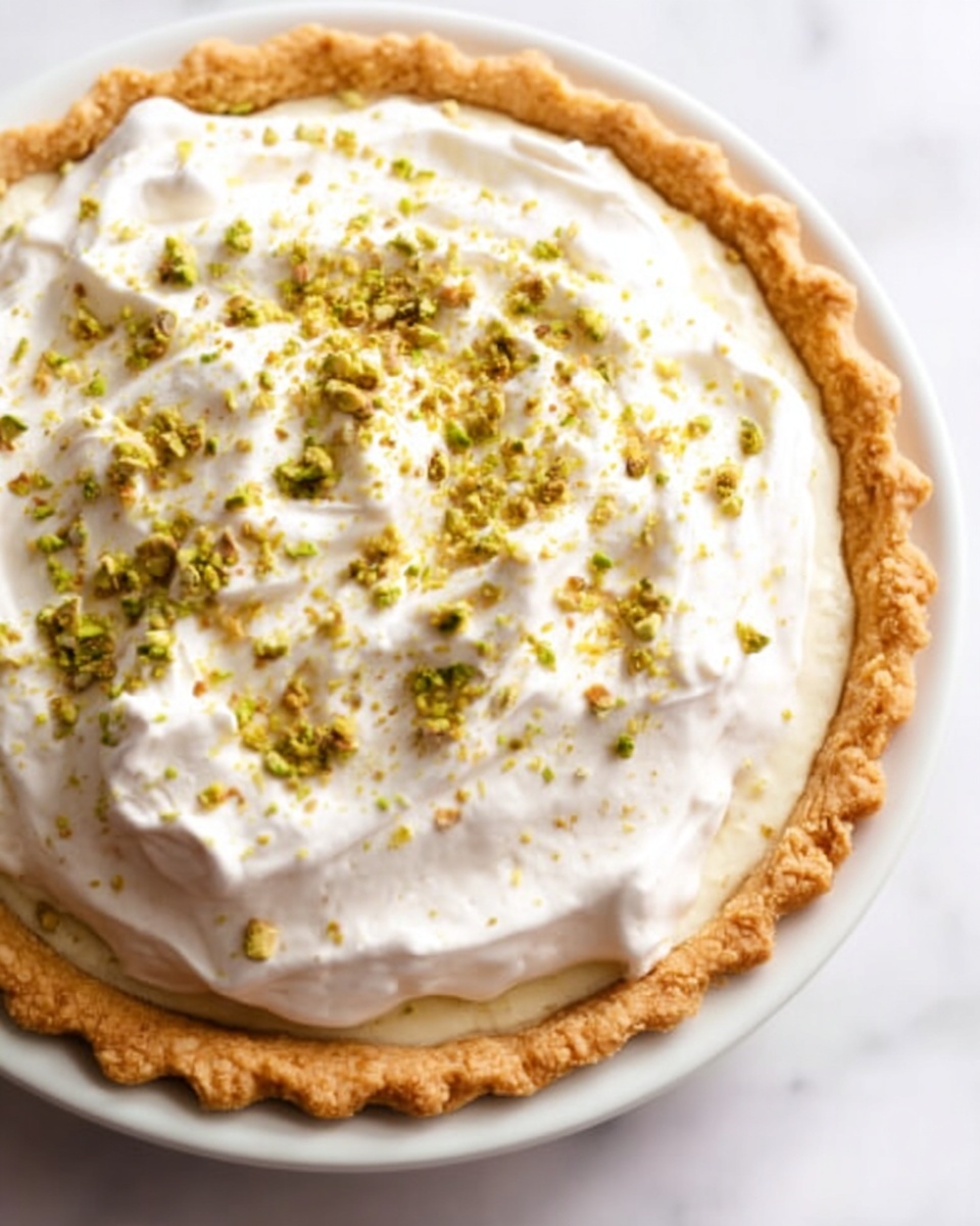 The image shows a close-up of a pie with a golden, crimped crust. On top, there is a thick, white whipped cream layer that looks soft and fluffy. The whipped cream is sprinkled with small green crushed nuts, adding texture. The pie sits on a white plate on a white marbled surface. Photo taken with an iphone --ar 4:5 --v 7