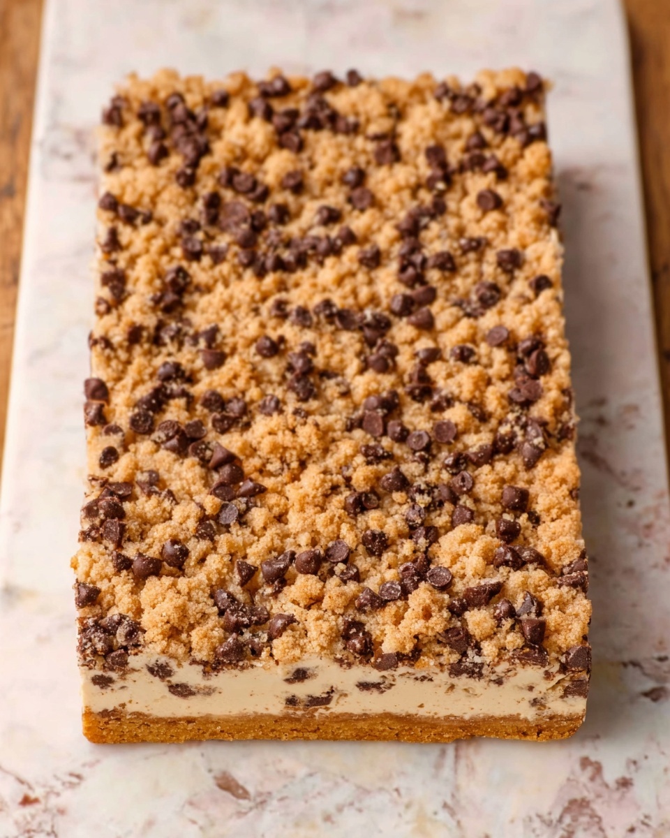 A rectangular dessert bar with three visible layers sits on a white marbled surface. The bottom layer appears thin and firm with a golden-brown color, acting as the base. The middle layer is creamy with a light beige tone, giving a smooth texture beneath the top. The top layer is a crumbly mix that includes scattered chocolate chips, which are dark brown, adding texture and contrast. The crumbly topping covers the whole surface unevenly, letting some of the middle layer peek through. Photo taken with an iphone --ar 4:5 --v 7