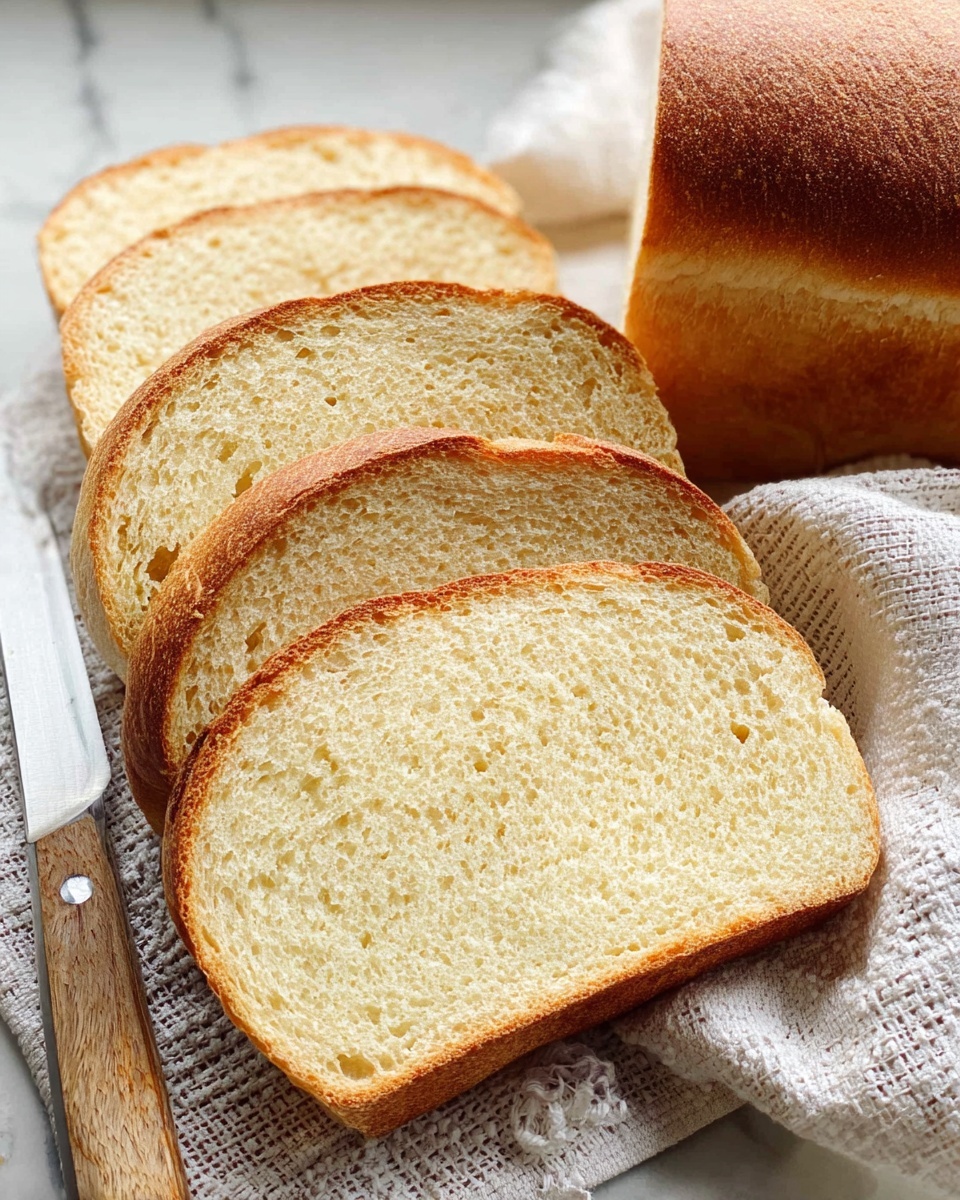 A whole golden brown loaf of bread with a slightly crispy crust and three shallow slashes on top lies on a soft, white kitchen towel with thin brown stripes. Next to the loaf are five evenly cut slices showing a soft, light beige interior with small but visible air holes. The pieces rest close together, accompanied by a wooden-handled knife positioned just underneath the slices. All of this sits on a white marbled surface. photo taken with an iphone --ar 4:5 --v 7