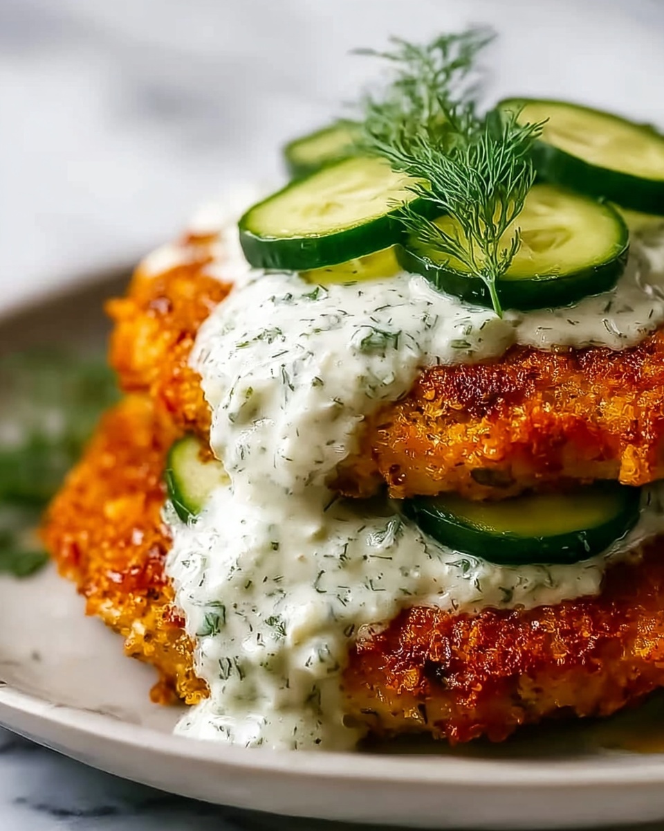 A close-up image shows two crispy golden brown patties stacked on a white plate, each topped with creamy white sauce mixed with small green herbs, covered with thin green cucumber slices slightly glossy with moisture. The patties have a rough, crunchy texture with a warm orange tint on the edges. The sauce appears thick and evenly spread on each patty, and a small sprig of fresh dill sits on top of the front patty, adding a pop of bright green. The plate is placed on a white marbled surface. photo taken with an iphone --ar 4:5 --v 7