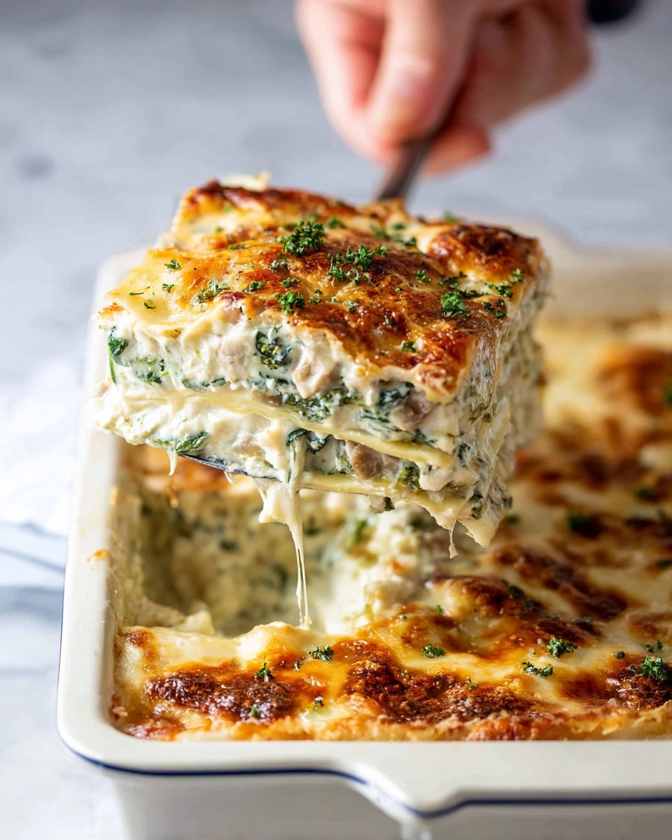 A slice of lasagna is being lifted from a white ceramic rectangular casserole on a white marbled surface by a woman's hand holding a spatula. The lasagna has at least four visible layers filled with creamy white sauce, light green spinach, and tender pasta sheets. The top is covered with golden brown melted cheese, browned in spots and sprinkled with small green herbs. The texture looks soft and creamy with some crispiness on the top layer. photo taken with an iphone --ar 4:5 --v 7