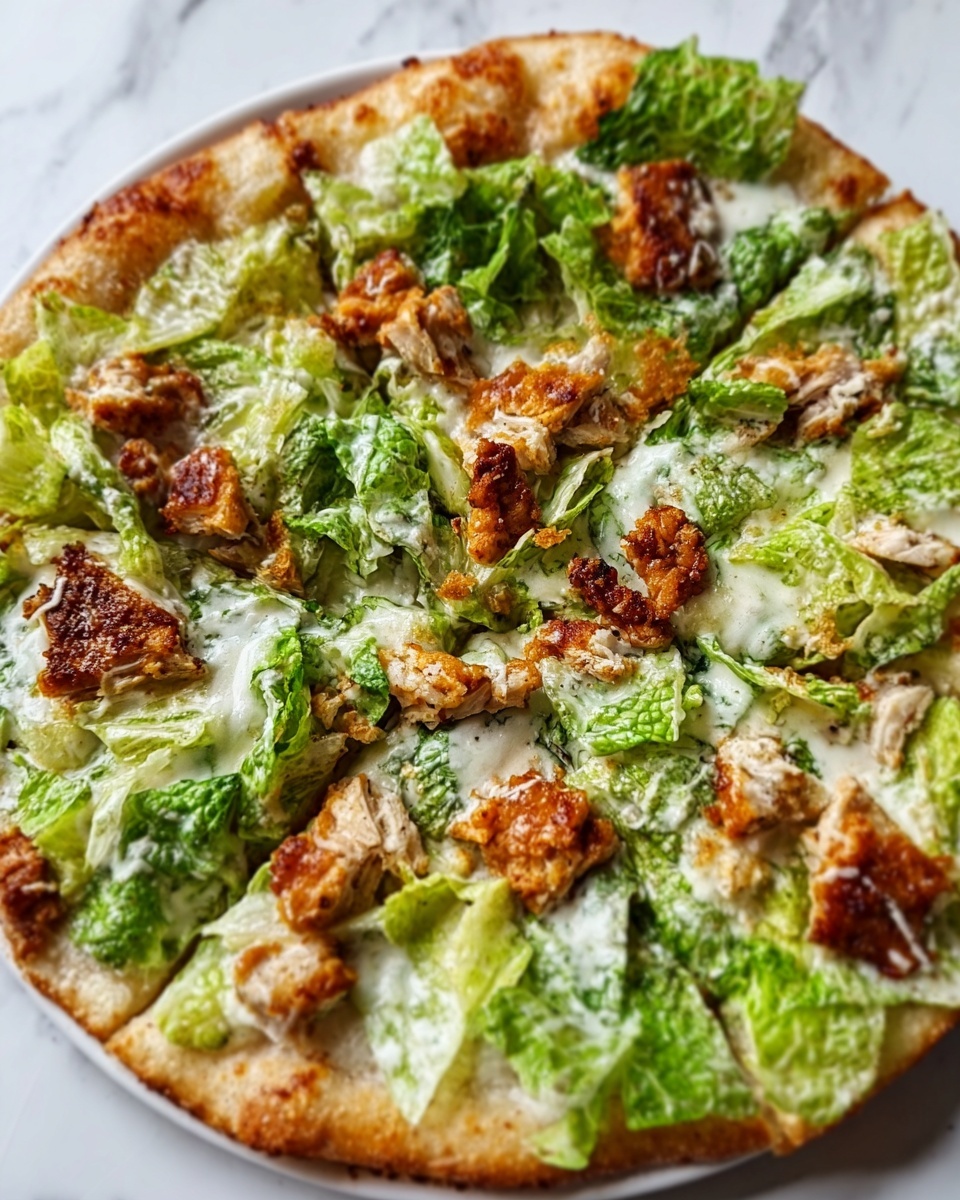 A pizza with a golden-brown crust topped with fresh green lettuce leaves spread evenly over a layer of creamy white sauce, scattered with pieces of crispy brown chicken and some melted cheese visible in patches. The toppings are spread in a way that shows clear separation of ingredients with textures that look crunchy and soft. The pizza sits on a white plate against a white marbled surface. Photo taken with an iphone --ar 4:5 --v 7