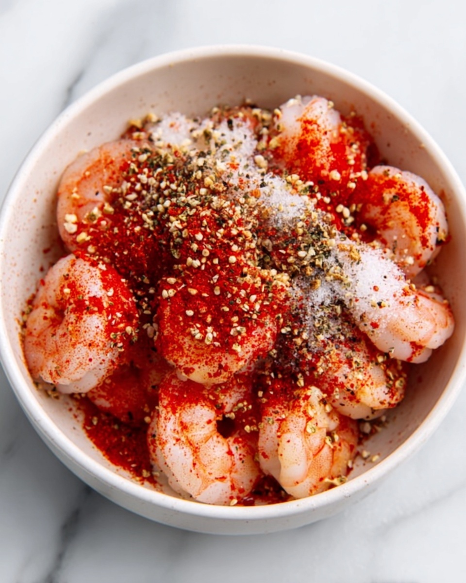 The image shows a white bowl full of round, pink shrimp covered with a mix of spices. There are layers of black pepper flakes, white salt, and bright red chili powder sprinkled evenly on top of the shrimp. The bowl is placed on a white marbled surface. The shrimp have a smooth and slightly shiny texture, and the spices create a colorful contrast with the pink shrimp. photo taken with an iphone --ar 4:5 --v 7