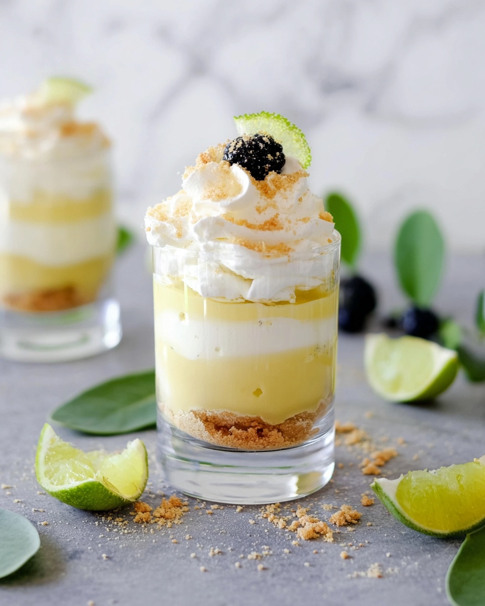 The image shows a clear glass filled with four visible layers: at the bottom is a smooth, pale yellow pudding layer, followed by a thin layer of crushed light brown crumbs, then a thicker layer of creamy white whipped topping, and another layer of yellow pudding near the top. The glass is topped with a fluffy swirl of whipped cream sprinkled with more light brown crumbs and garnished with a black berry and a small green slice, possibly lime. The glass sits on a gray surface with green leaves, lime slices, and black berries scattered around, set against a white marbled background. Photo taken with an iphone --ar 4:5 --v 7