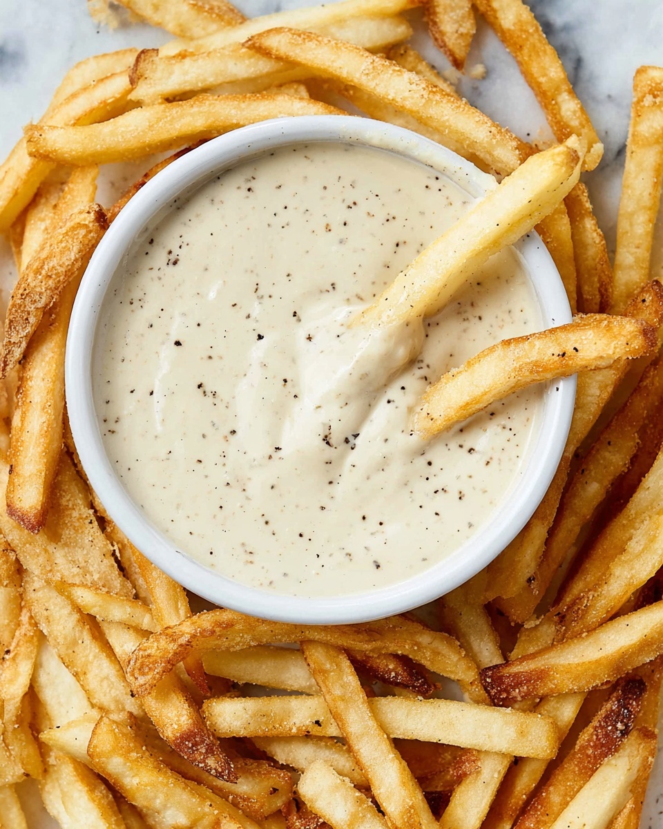 A close-up top view of a white bowl filled with creamy off-white sauce speckled with black pepper, surrounded by a pile of golden-brown French fries with some darker crispy edges. Two golden fries are dipped into the sauce, showing the thick texture. The whole arrangement is on a white marbled surface. photo taken with an iphone --ar 4:5 --v 7