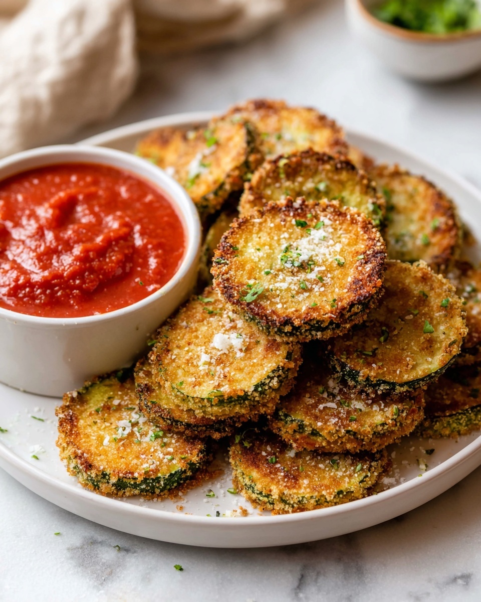 A white plate is stacked with two layers of round, golden-brown fried zucchini slices, each slice coated with a crispy breadcrumb crust and sprinkled with tiny green herb bits and coarse white salt flakes. To the left side of the plate, there is a small white bowl filled with bright red, chunky marinara sauce. The plate is set on a white marbled surface with a blurred background showing some light beige fabric and green garnish in another bowl. Photo taken with an iphone --ar 4:5 --v 7