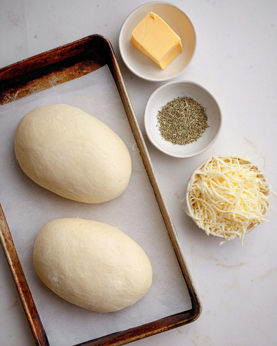 The image shows two smooth, oval-shaped dough pieces resting on a baking sheet lined with white parchment paper, all placed on a white marbled surface. To the right of the tray, there are three small white bowls: one with a square piece of yellow butter, one with a mix of dried herbs, and one filled with shredded pale yellow cheese with a soft texture. The baking tray has a rustic, worn look with dark edges. photo taken with an iphone --ar 4:5 --v 7