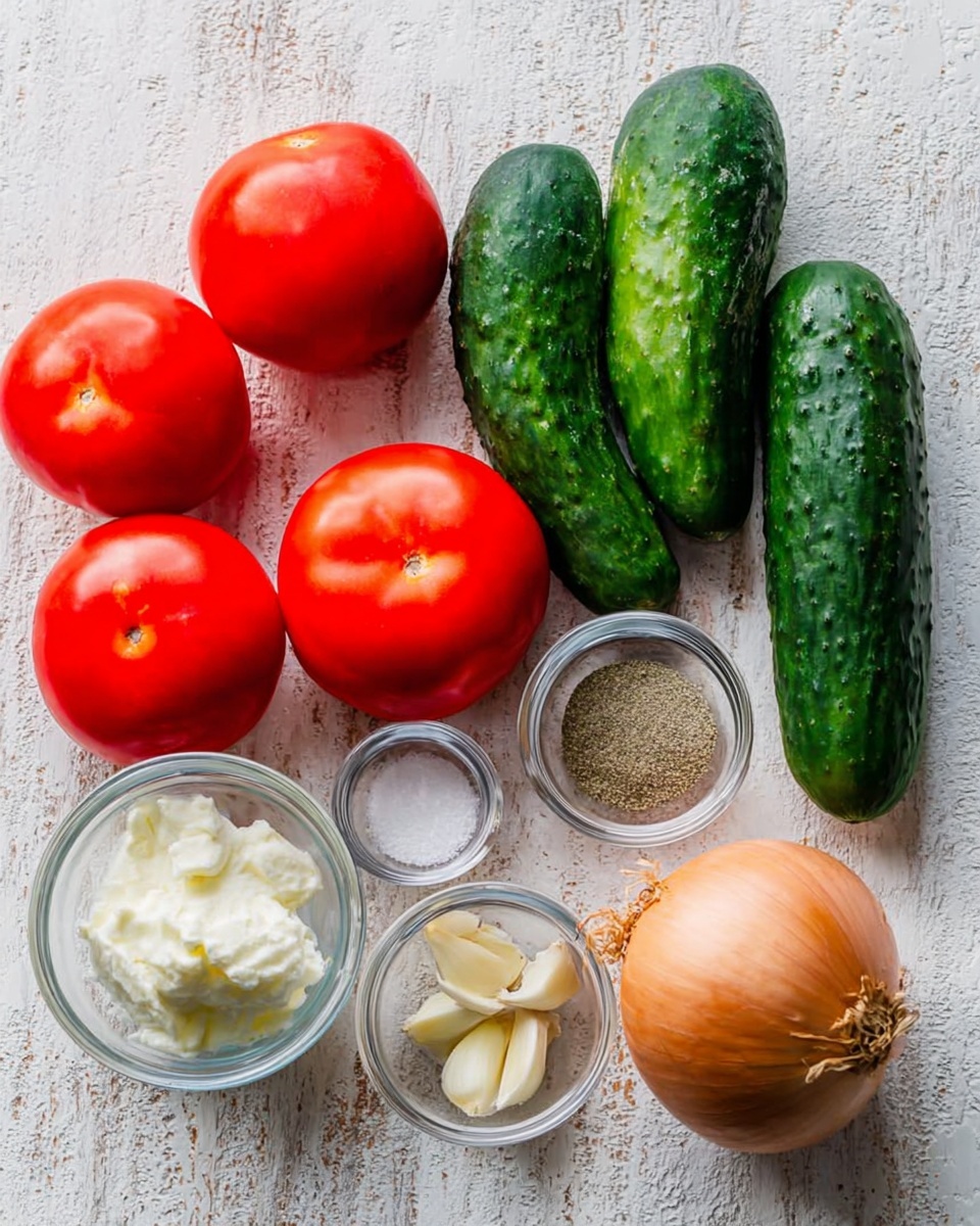The image shows whole fresh ingredients placed on a white marbled textured surface. There are three bright red tomatoes grouped on the top left, three dark green cucumbers with a bumpy texture below them, and a whole light brown onion on the right. Next to the onion are two peeled garlic cloves, and on the top right side, there are four small clear glass bowls each containing different items: a white creamy substance, a light yellow creamy substance, fine granulated white salt, and light brown ground pepper. The overall arrangement is neat and the colors are vibrant, showing a fresh mix of vegetables and spices. photo taken with an iphone --ar 4:5 --v 7