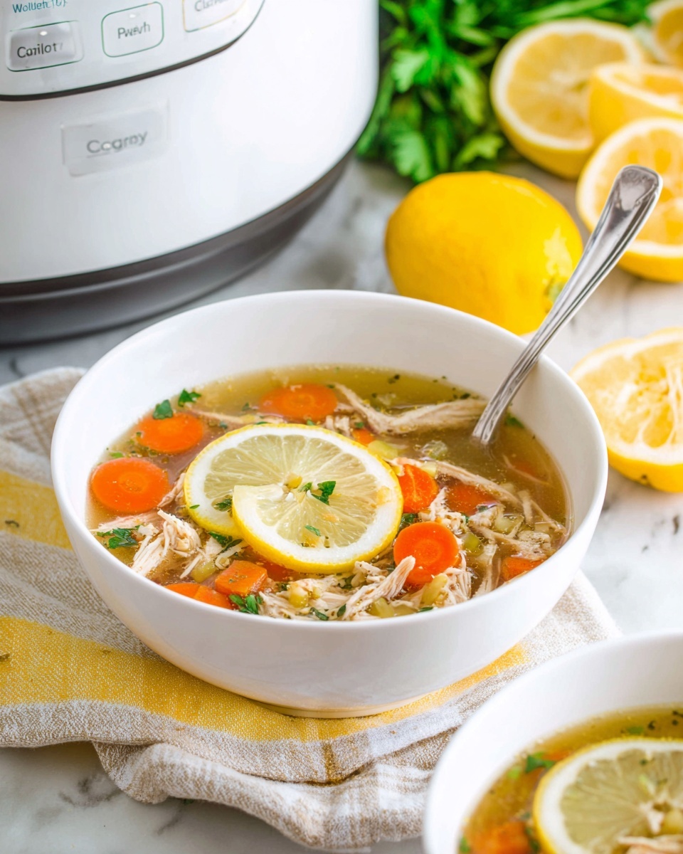 A white bowl filled with clear soup containing sliced orange carrots, shredded light beige chicken, small bits of herbs, and two thin lemon slices floating on top. A silver spoon rests inside the bowl. The bowl is placed on a striped cloth with yellow utensils beside it. In the background, there is a white slow cooker and some sliced lemons and green herbs on a white marbled surface. Another bowl of similar soup is partially visible at the bottom right. Photo taken with an iphone --ar 4:5 --v 7