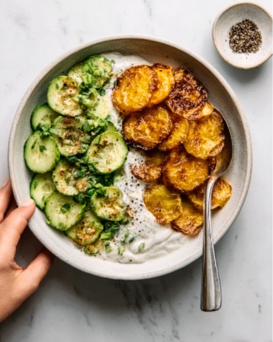 A white bowl on a white marbled surface holds a dish with three main layers. On the left side, there is a layer of chopped green cucumber with a fresh and shiny texture. Next to it, on the right, there are several golden-brown, crispy circular pieces stacked slightly, showing a crunchy texture. The bottom layer, visible around the crispy pieces and cucumber, is a creamy white sauce spread smoothly. A white spoon is resting inside the bowl, and a woman’s hand is gently holding the bowl from the side. Photo taken with an iphone --ar 4:5 --v 7
