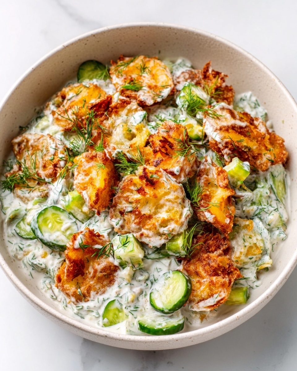 A white bowl filled with crispy golden brown fried pieces on top, mixed with creamy white sauce that has green herbs spread throughout. There are small chunks of bright green cucumber scattered around, and the dish sits on a white marbled surface. The texture of the fried pieces looks crunchy with some darker edges, and the sauce is smooth and evenly coats the ingredients. Photo taken with an iphone --ar 4:5 --v 7
