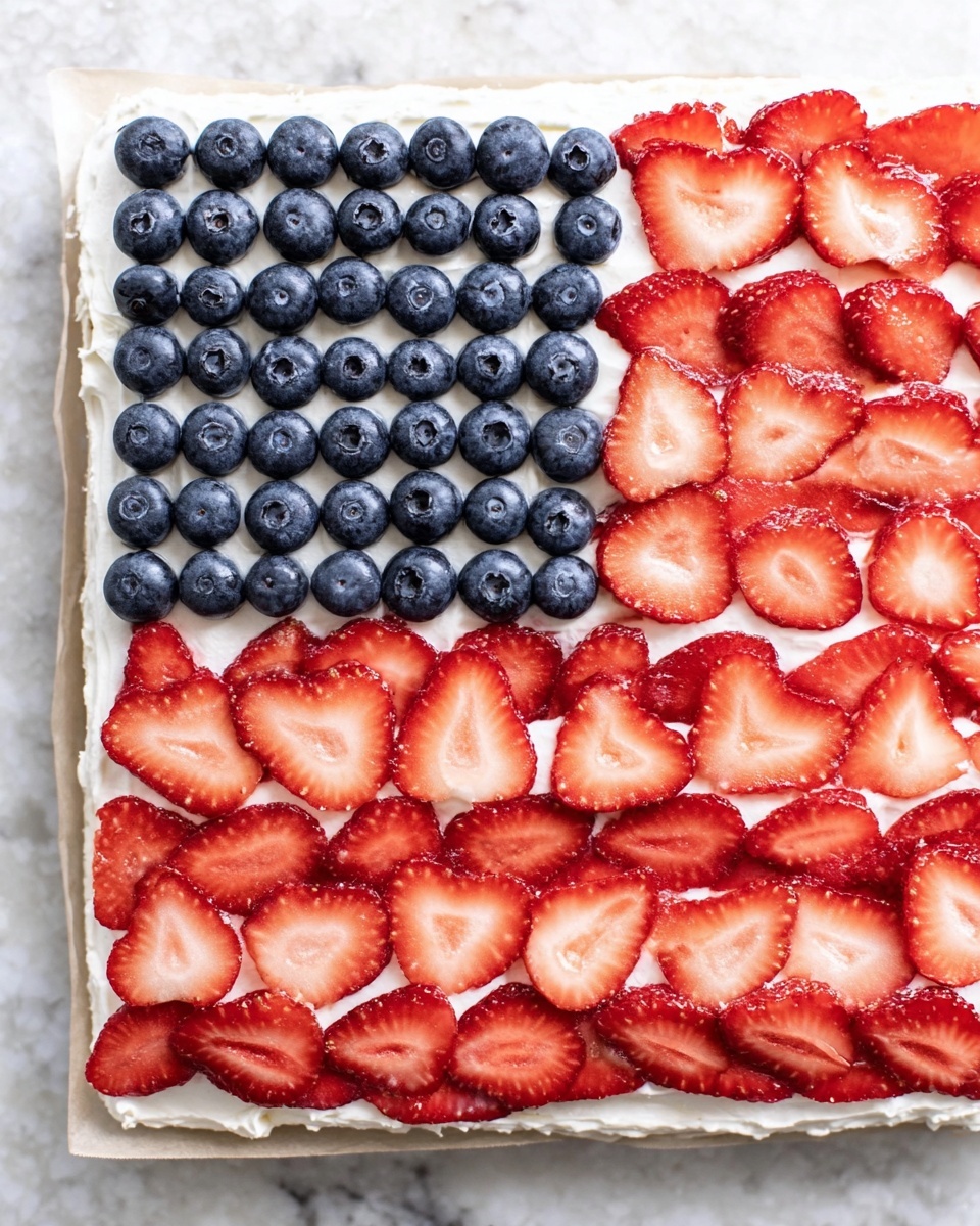The dish is a square dessert designed to look like the American flag. The bottom layer is white cream spread evenly across a rectangular base lined with parchment paper. The top left corner has five neat rows of fresh blueberries in a grid pattern, making up the blue section of the flag. The rest of the dessert is decorated with horizontal rows of sliced strawberries as the red stripes on a white cream background. The strawberries are bright red and slightly heart-shaped, arranged closely together. The dessert is set on a white marbled surface. Photo taken with an iphone --ar 4:5 --v 7