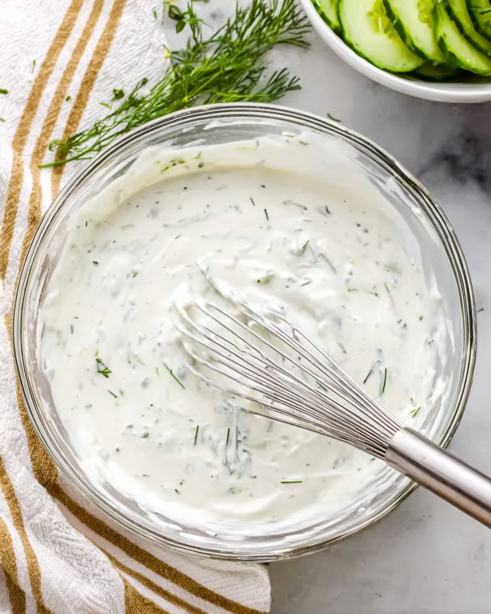 A clear glass bowl filled with thick white sauce that has small green herb pieces mixed inside, creating a speckled texture. A metal whisk is resting inside the bowl, with the thin wires partially covered by the sauce, showing smooth and creamy movement. The bowl is placed on a white marbled surface with some fresh green herb sprigs nearby and an off-white cloth with gold stripes visible on the side. In the background, a white bowl with sliced green cucumbers is partly visible. Photo taken with an iphone --ar 4:5 --v 7