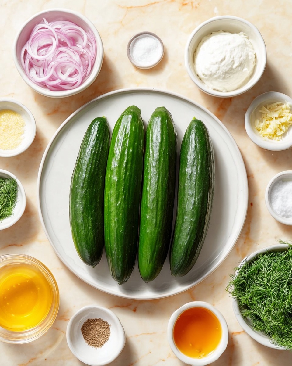 The image shows four long, dark green cucumbers placed side by side in the center of a round white plate on a white marbled surface. Surrounding the plate are small white bowls holding various ingredients: bright green fresh dill, thinly sliced light purple onions, thick white yogurt with a creamy texture, a golden orange liquid (likely honey), a light yellow powder, ground black pepper, white granulated salt, pale beige granulated sugar, and a clear light liquid, all evenly spaced around the plate. The scene is bright and neatly arranged, highlighting the fresh and varied ingredients. Photo taken with an iphone --ar 4:5 --v 7