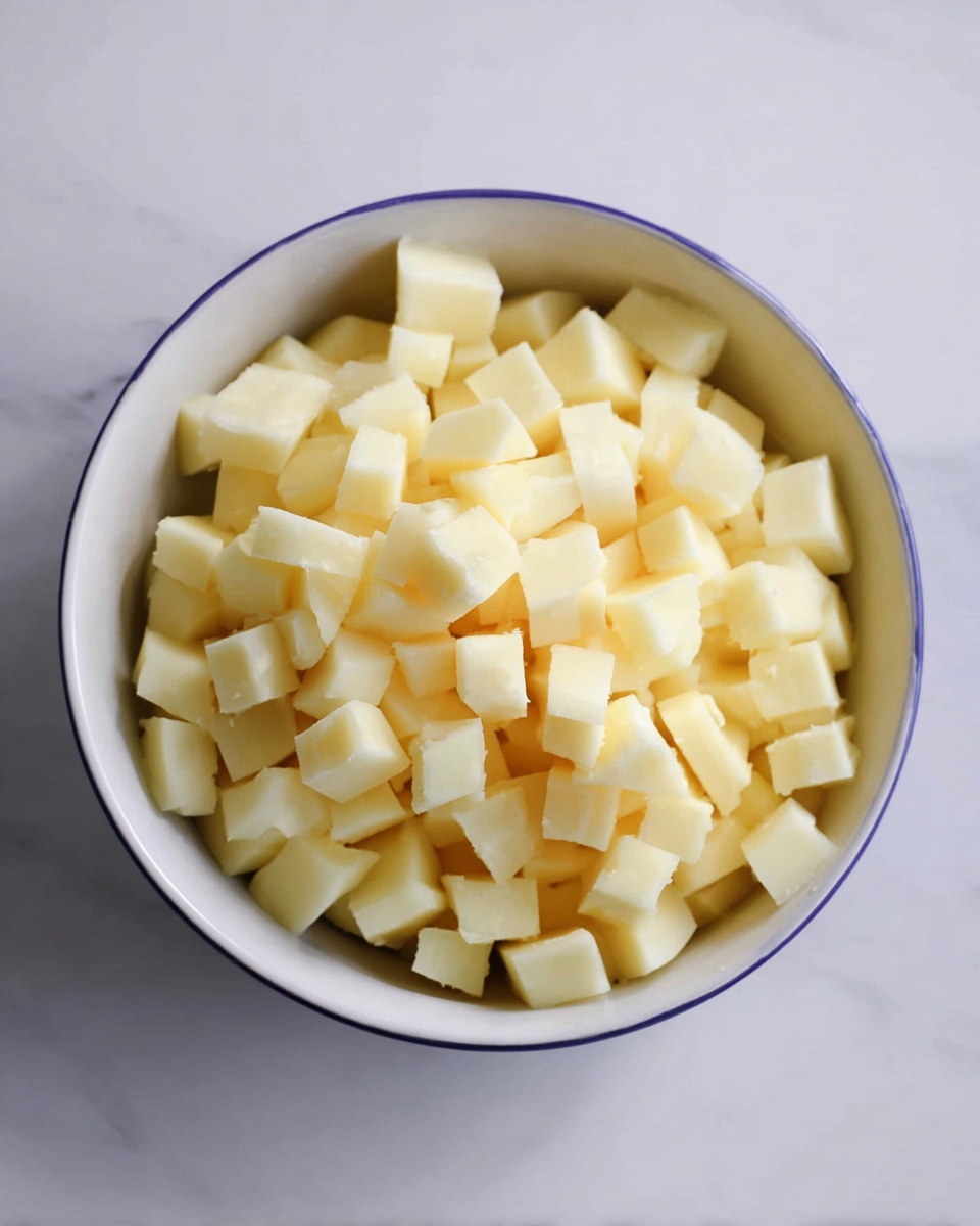 A white bowl filled with many small cubed pieces of peeled potato, light yellow in color, stacked loosely inside the bowl on top of a white marbled surface photo taken with an iphone --ar 4:5 --v 7