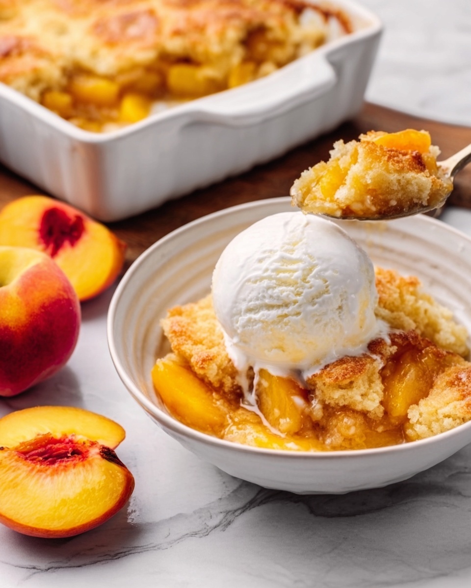 A white bowl contains a warm peach cobbler with a golden-brown crust and soft peach pieces underneath. On top, there is a round scoop of smooth white ice cream melting slightly, with a spoon lifting from the bowl. Around the bowl, there are fresh peach slices and a casserole dish filled with more peach cobbler, showing a glossy, syrupy sauce on a white marbled surface. photo taken with an iphone --ar 4:5 --v 7