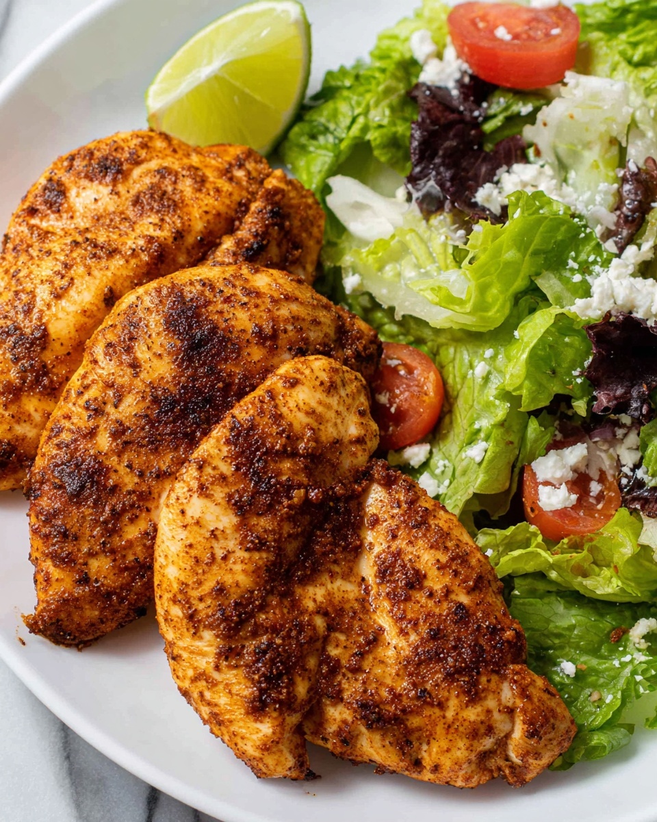 The image shows a white plate with three pieces of grilled seasoned chicken, arranged close together on one side. The chicken has a golden-brown color with some darker spots from the grill seasoning, giving it a textured and slightly crispy look. On the other side of the plate, there is a fresh salad made of green leafy lettuce, bright red tomato pieces, white cheese crumbles, and some dark purple lettuce or cabbage mixed in. There is a lime wedge placed near the top left edge of the plate. The plate rests on a white marbled surface. Photo taken with an iphone --ar 4:5 --v 7
