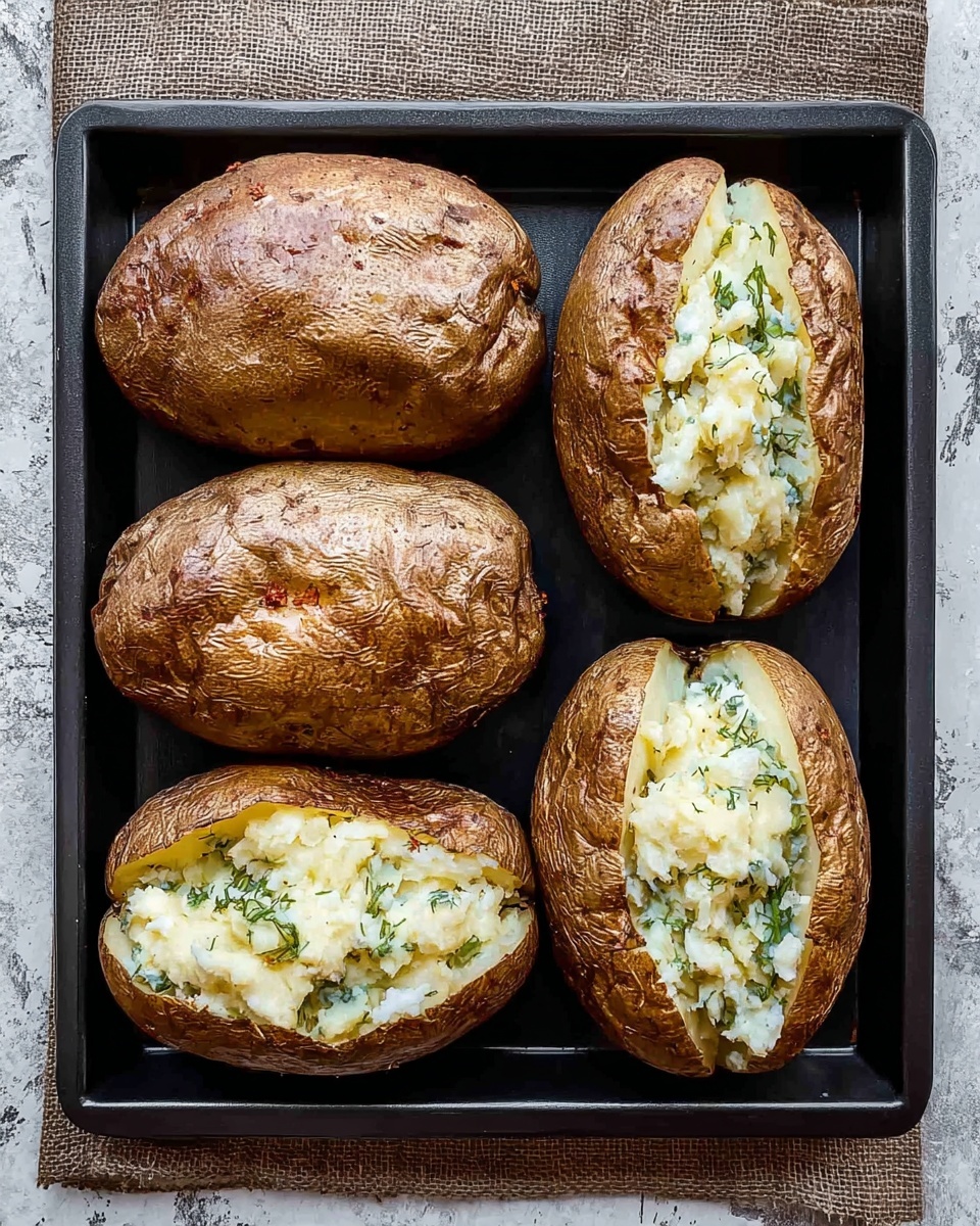 Four baked potatoes with crispy brown skin sit side by side on a black rectangular tray. Each potato is split open on top, revealing a fluffy, mashed white potato filling mixed with green herbs inside the middle. The tray rests on a textured beige cloth placed on a white marbled surface. photo taken with an iphone --ar 4:5 --v 7