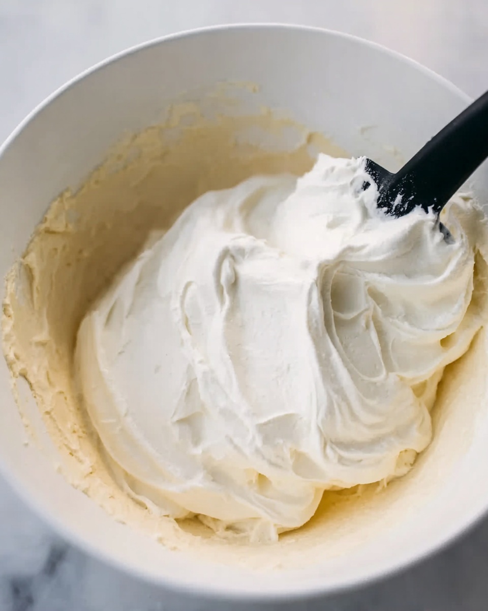 A close-up of a white bowl filled with two layers of cream. The bottom layer is a light beige creamy mixture with some texture, while the top layer is a thick, smooth white cream being mixed gently with a black spatula. The focus is on the soft, fluffy texture of the white cream contrasted against the denser beige layer under it. The bowl sits on a white marbled surface. photo taken with an iphone --ar 4:5 --v 7