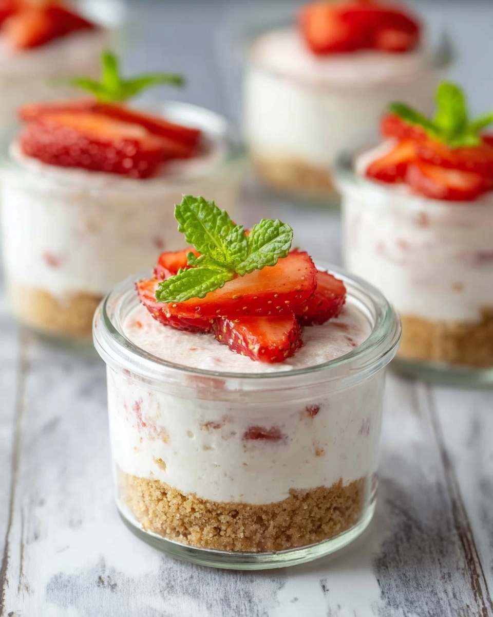A small clear glass jar shows two layers: the bottom layer is a light brown crumbly base, and above it is a thick, creamy white layer with red strawberry bits mixed in. On top, there are three fresh red strawberry slices and a small green mint leaf placed neatly. In the background, more jars with the same layers and strawberry toppings are slightly out of focus. The jars sit on a white marbled surface. photo taken with an iphone --ar 4:5 --v 7