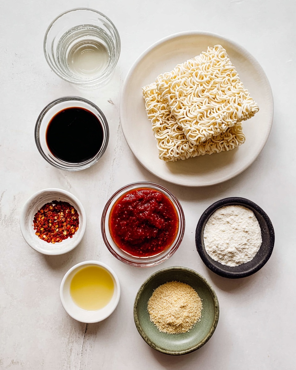 The image shows nine small containers arranged on a white marbled surface. In the center left, a white plate holds three blocks of uncooked curly instant noodles stacked in a slightly angled way. Above the noodles, there are two clear glass cups, one filled with dark soy sauce and the other with a clear liquid. To the right, a small black bowl contains a white powder. Below this, a glass bowl holds a thick red sauce. Below the noodles and slightly to the left, a glass bowl has red chili flakes. Below it on the far left is a small white dish with a yellow liquid. To the bottom center right is a dark green bowl filled with light yellow powder. At the lower right corner, a small white dish holds a dark brown paste. The surface is clean and bright. photo taken with an iphone --ar 4:5 --v 7