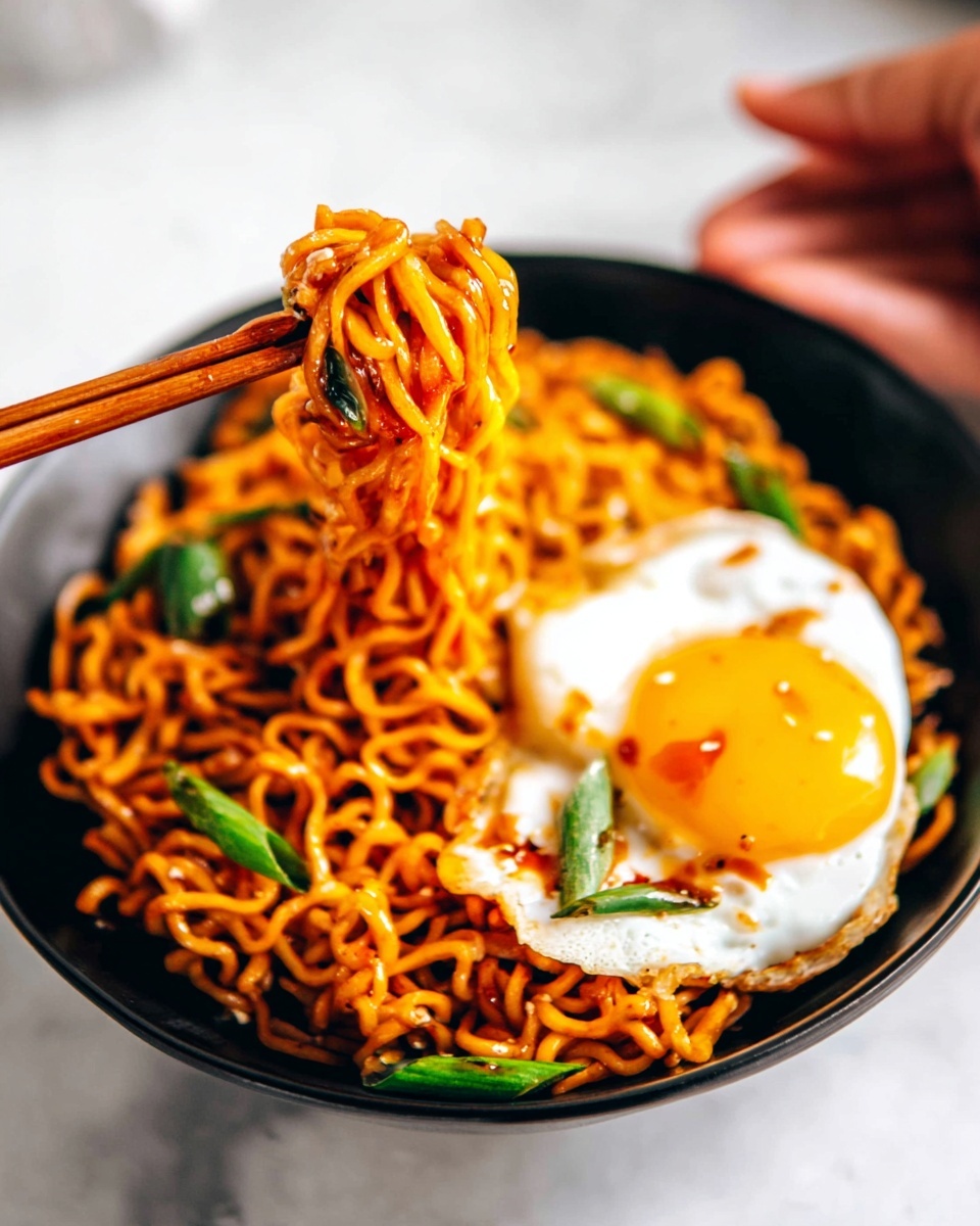 A black bowl holds one serving of bright orange cooked noodles mixed with green slices of scallions, positioned centrally and filling most of the bowl. On the right side inside the bowl, there is one sunny-side-up egg with a rich yellow yolk and white edges, topped with scattered sauce and a few green scallion pieces. A pair of wooden chopsticks held by a woman's hand lifts a thick bundle of the noodles above the bowl. The background shows a white marbled surface with a soft blur, highlighting the dish. photo taken with an iphone --ar 4:5 --v 7