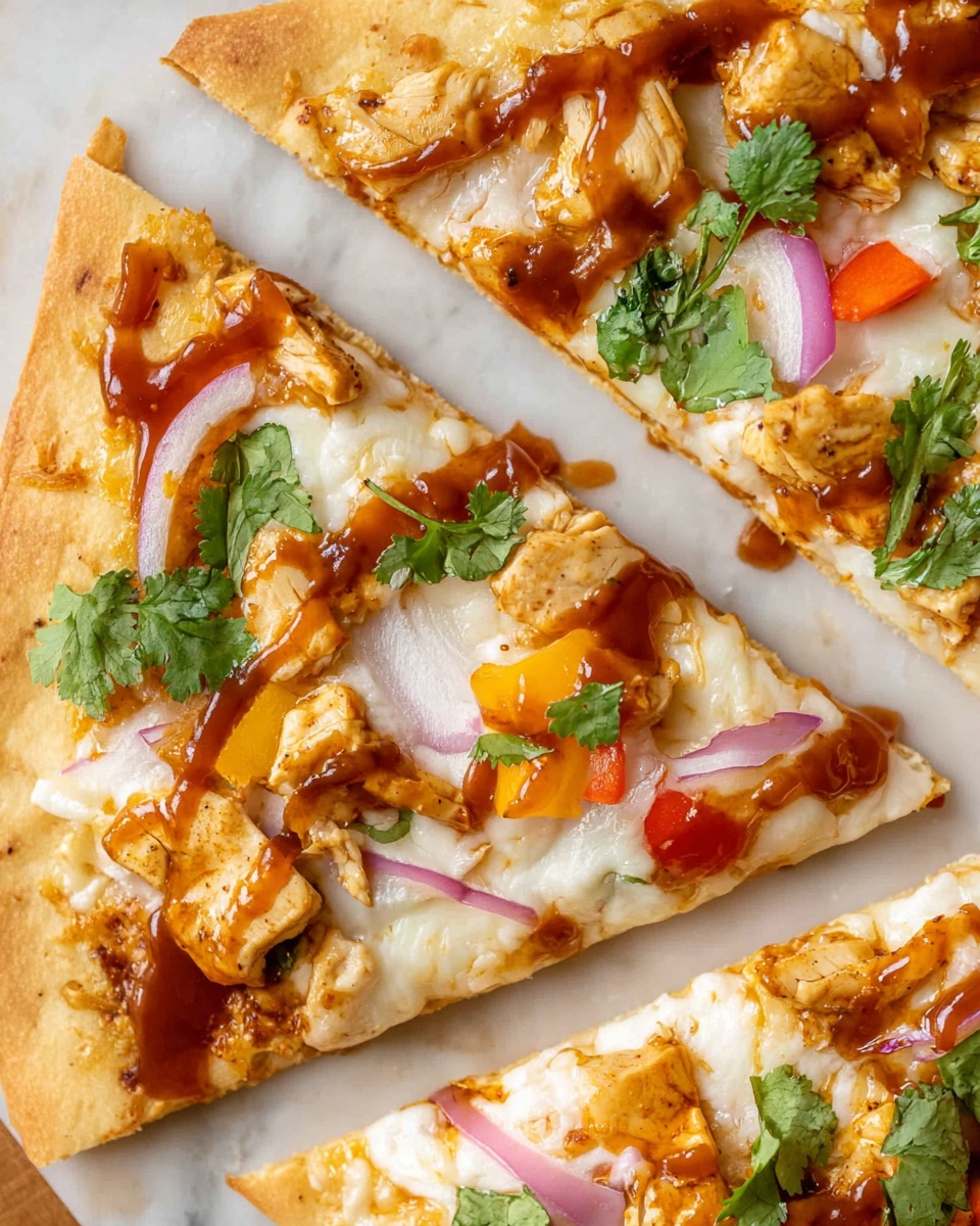 The image shows a close-up of three triangular slices of pizza laid on a white marbled surface. The pizza has a thin golden crust topped with a layer of melted white cheese. On top of the cheese, there are pieces of cooked chicken with a warm, light brown color, thin slices of red onion, small orange bell pepper strips, and fresh green cilantro leaves scattered across. A glossy, reddish-brown sauce is drizzled unevenly over the toppings, adding a shiny texture to the pizza. The edges of the crust are slightly browned, giving a crispy look. photo taken with an iphone --ar 4:5 --v 7