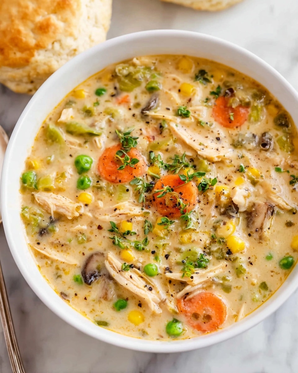 A large blue pot filled with thick creamy chicken and vegetable stew sits on a white marbled surface. The stew has many layers, including soft light beige shredded chicken, rounds of light yellow potato slices, bright orange carrot pieces, small green peas, and bits of mushrooms and corn. The creamy broth is light tan with visible herbs and black pepper scattered throughout. A wooden spoon rests inside the pot, partially stirring the stew. Around the pot, there are three golden brown biscuits with a slightly crispy texture. photo taken with an iphone --ar 4:5 --v 7
