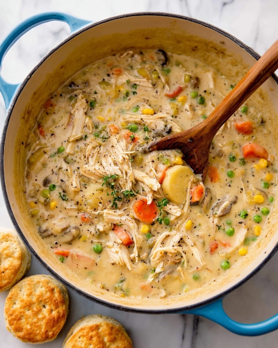 Two white bowls filled with thick, creamy chicken and vegetable soup are placed on a white marbled surface. The soup has visible shredded chicken pieces, sliced carrots, peas, corn, and small green herbs scattered throughout, giving it a colorful yet soft texture. Beside one bowl, three golden-brown biscuits with a fluffy, slightly uneven surface rest, their warm tones contrasting with the creamy colors of the soup. Two silver spoons lie next to the top bowl, reflecting light softly. The image captures a cozy, inviting meal setting. photo taken with an iphone --ar 4:5 --v 7
