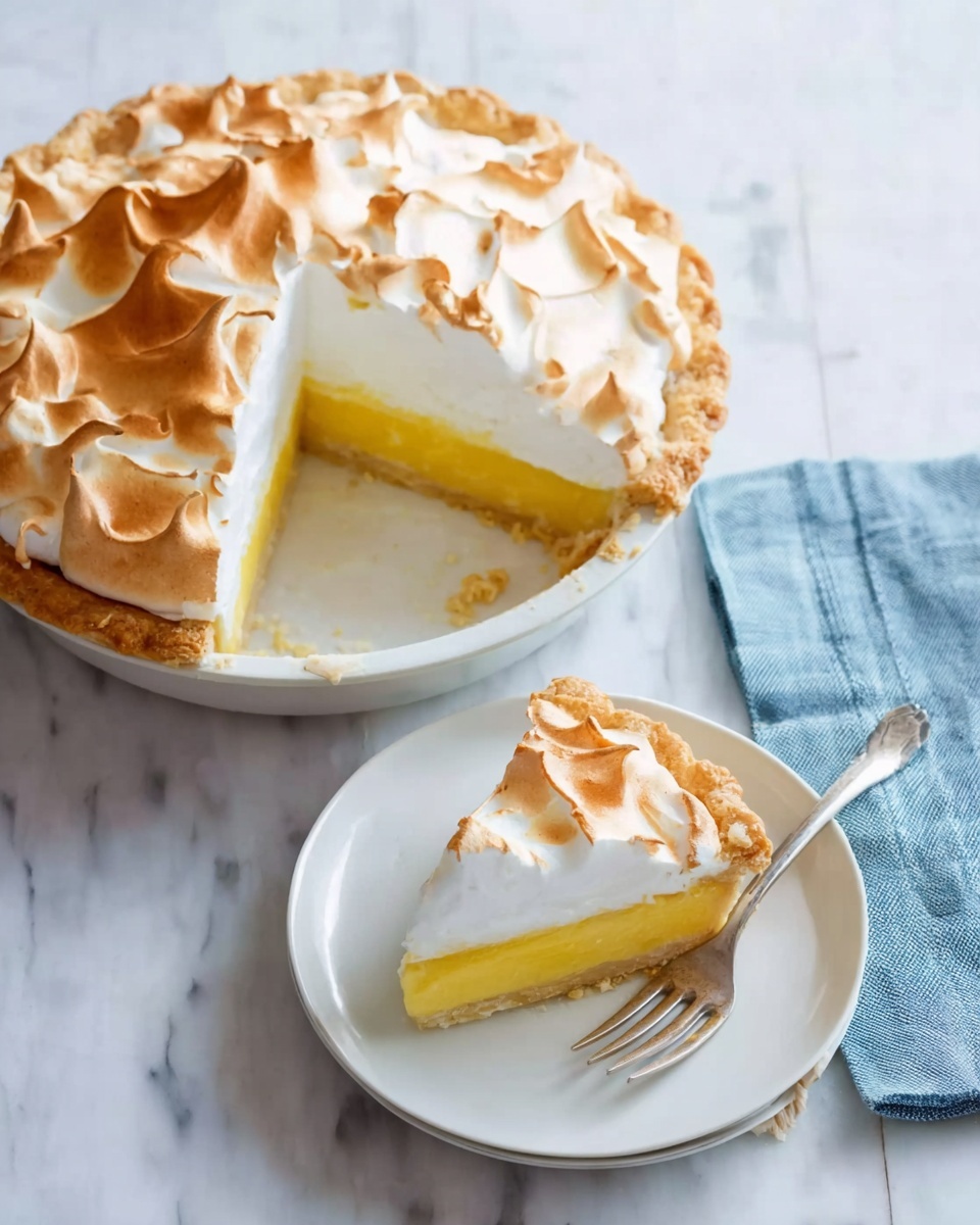 The image shows a lemon meringue pie with a slice removed and placed on a white plate. The pie has three distinct layers: the bottom layer is a light brown crust with a slightly crimped edge, the middle layer is a bright yellow lemon filling with a smooth texture, and the top layer is a fluffy golden-brown meringue with peaks and swirls giving it a textured appearance. The slice on the white plate clearly displays these layers. To the right of the plate, there is a silver fork on a folded blue cloth napkin. The background is a white marbled surface. Photo taken with an iphone --ar 4:5 --v 7