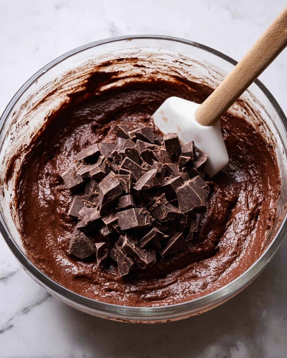 A clear glass bowl filled with thick, dark brown chocolate batter with a smooth and creamy texture is seen. On top of the batter, there is a pile of medium-sized chunky pieces of milk chocolate. A wooden spatula with a white silicone edge is partly dipped inside the batter, resting against the side of the bowl. The bowl is placed on a white marbled surface with faint gray veins. photo taken with an iphone --ar 4:5 --v 7