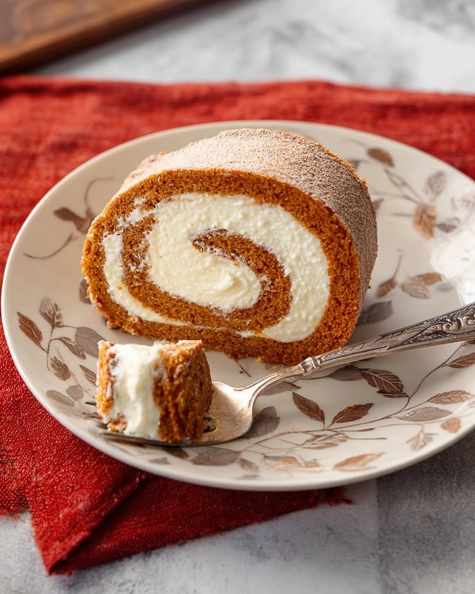 A white plate with a soft, round cake roll sits in the center on a white marbled surface. The cake roll has two visible layers: a thick, light brown outer layer that looks spongy and textured, and a thick inner layer of smooth white cream that is evenly swirled inside. A small piece of the cake roll is on a silver fork resting on the plate, showing the soft texture inside. The plate has a subtle floral pattern with light brown and gray leaves. A red cloth is on the left side of the plate. Photo taken with an iphone --ar 4:5 --v 7