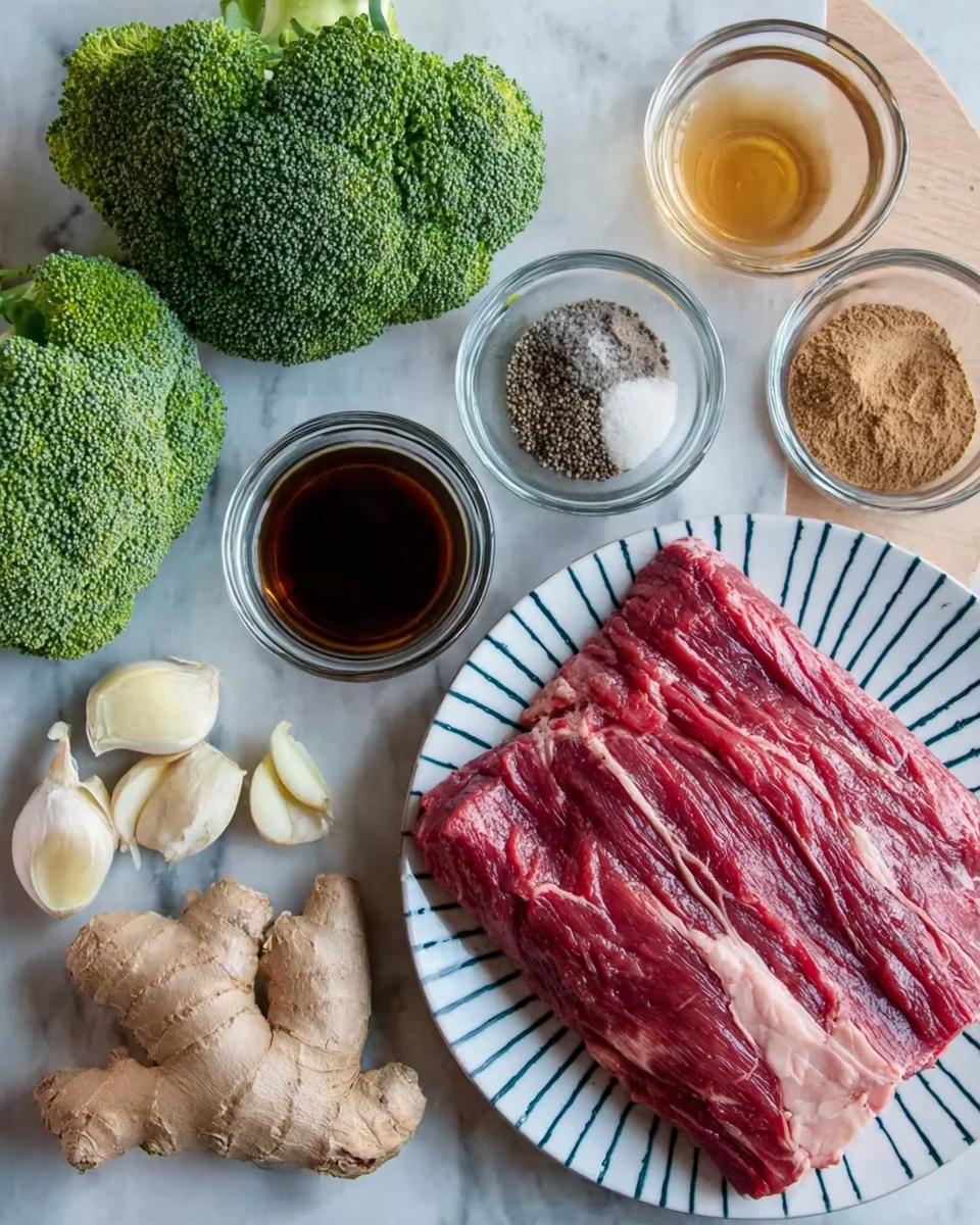 A white plate with blue lines holds a large piece of raw red meat with visible white fat layers. To the top left of the plate, there are two fresh green broccoli heads with a bumpy texture. Around the plate, small glass bowls hold different ingredients: one has a dark brown liquid, another has a light brown paste, a third has a white powder, and a fourth has black pepper. Fresh ginger root, three peeled garlic cloves, and a clear bowl with a light brown liquid are also placed on a white marbled surface. Photo taken with an iphone --ar 4:5 --v 7