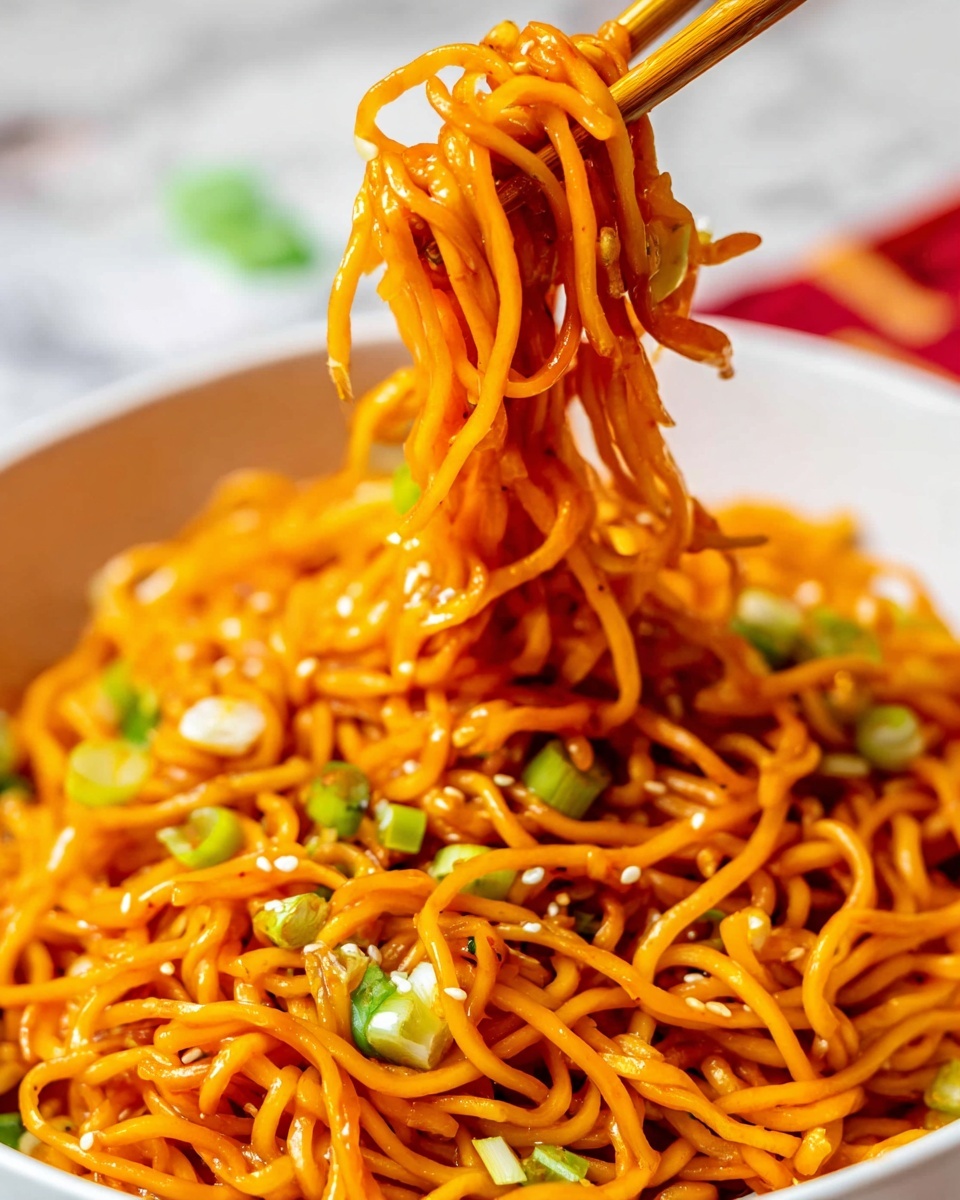A white bowl filled with orange-brown noodles as the bottom layer, topped with chopped green onions scattered evenly across the noodles, with a sprinkling of white sesame seeds on top. A pair of wooden chopsticks held by a woman's hand is lifting some noodles on the right side, and there is a slice of lemon on the edge of the bowl. The bowl is placed on a white marbled surface, with blurred green and red glasses in the background. photo taken with an iphone --ar 4:5 --v 7