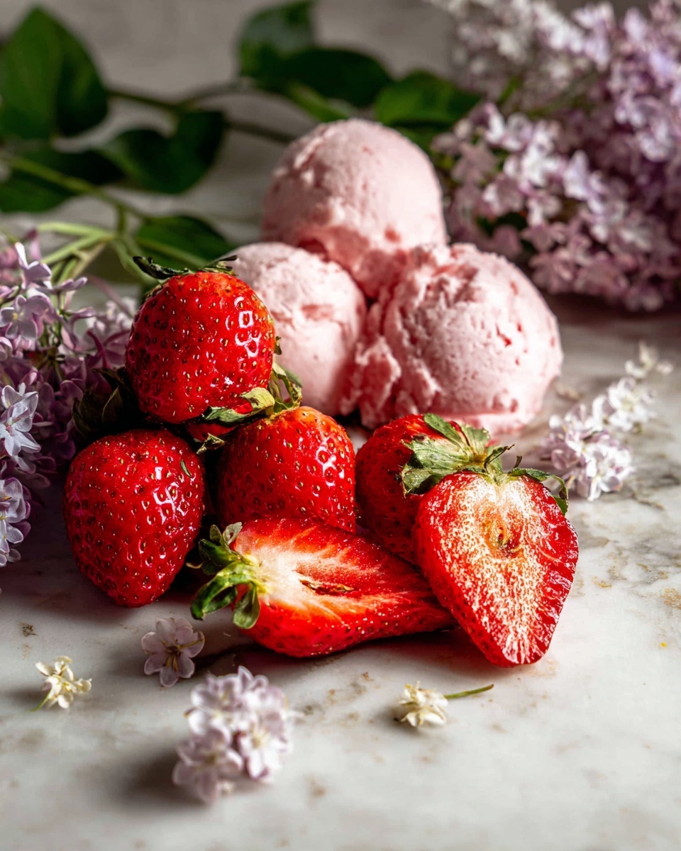 The image shows three scoops of soft pink ice cream with a creamy, slightly bumpy texture, placed at the back on a white marbled surface. In front of the ice cream, there is a pile of fresh whole strawberries, bright red and shiny with green tops, along with one strawberry sliced in half showing its juicy red inside. Small, delicate white flowers with a hint of purple are scattered around and near the ice cream, along with green leaves in the background, adding a fresh and natural touch. photo taken with an iphone --ar 4:5 --v 7
