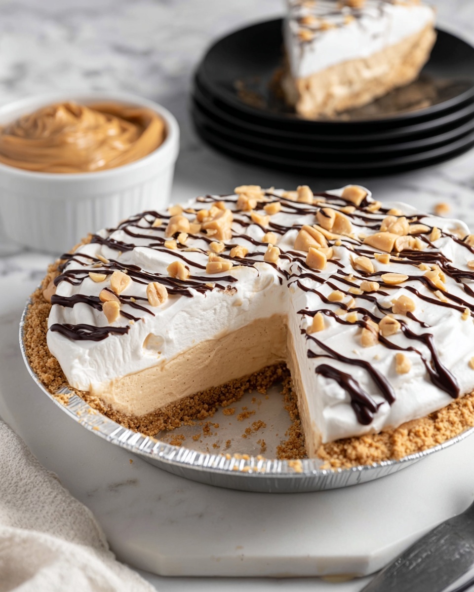 A pie with three layers sits on a white marbled surface: the base is a crumbly light brown crust, the middle layer is a smooth creamy tan filling, and the top layer is thick white whipped cream with a soft texture. Dark chocolate sauce is drizzled in thin lines across the top, and pieces of chopped peanuts are scattered on the whipped cream. A slice is taken out, showing the layers clearly, and behind the pie is a white bowl filled with creamy peanut butter. A stack of black plates with a slice of the same pie on top is in the background. photo taken with an iphone --ar 4:5 --v 7