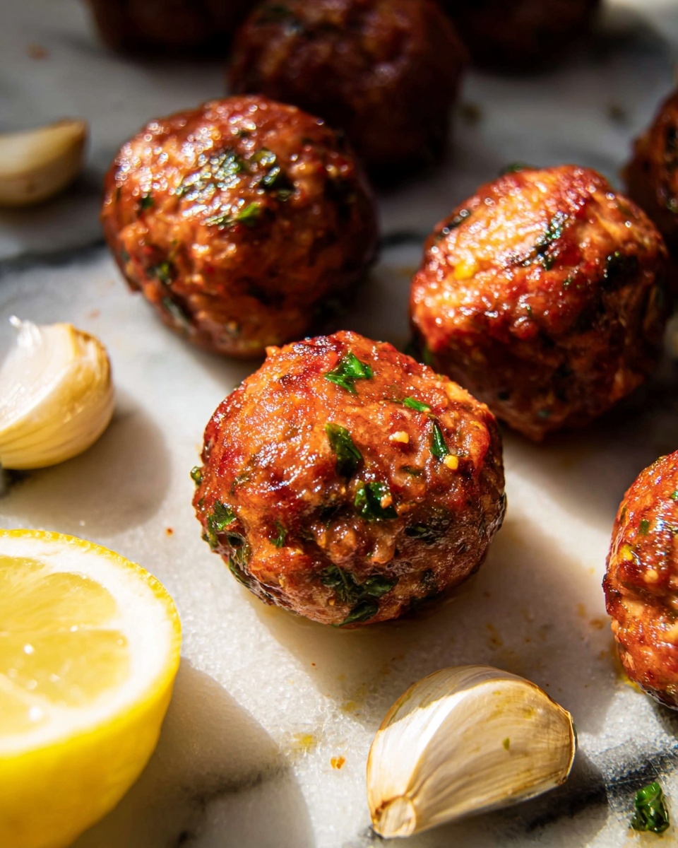 The image shows several round, cooked meatballs with a reddish-brown color and finely chopped green herbs mixed inside. They have a slightly glossy, textured surface and are placed on a white marbled surface. Around the meatballs, there are a few garlic cloves with their off-white, slightly translucent skins, and a wedge of bright yellow lemon, all adding contrast to the scene. The light creates soft shadows and highlights, giving the food a fresh and appetizing look. Photo taken with an iphone --ar 4:5 --v 7