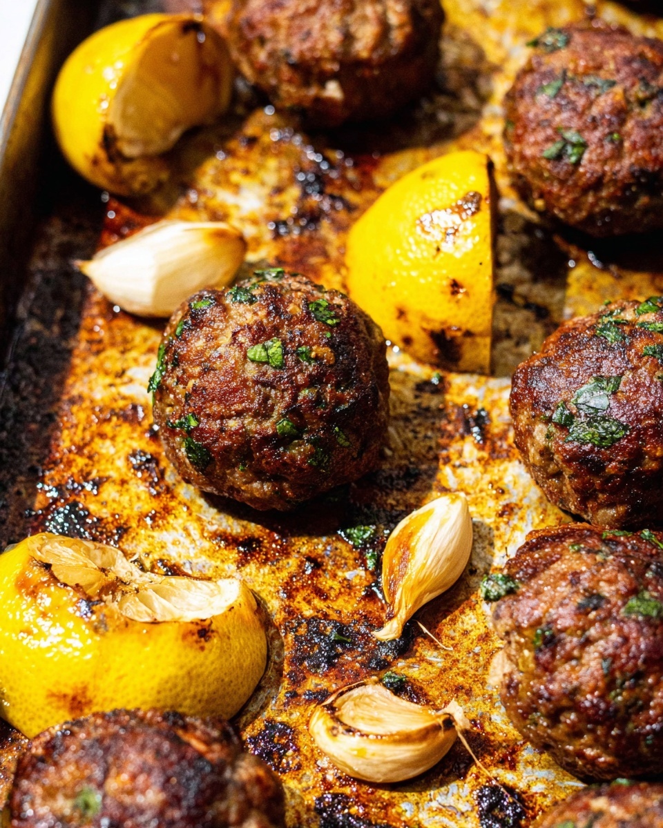 The image shows several browned meatballs with specks of green herbs on a used roasting pan with a burnt and oily texture. Among the meatballs are halved yellow lemons with char marks and a few whole garlic cloves with browned outer skins. The close-up shot highlights the rough, cooked surface of the meatballs, the shiny juice from the lemons, and the crispy burnt bits on the pan. The background is a white marbled texture. photo taken with an iphone --ar 4:5 --v 7