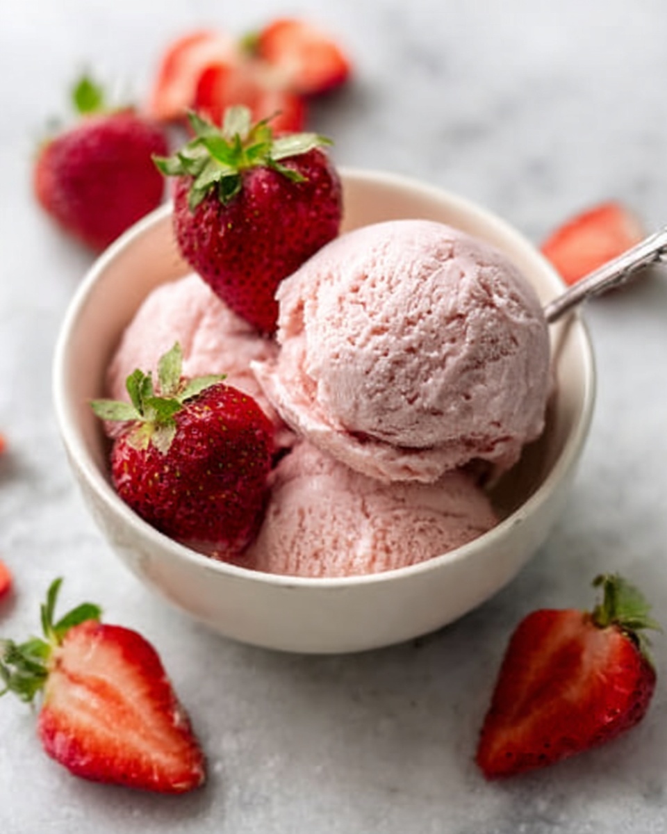 A white bowl sits on a white marbled surface filled with two scoops of light pink ice cream that looks smooth and creamy. On top of the ice cream, there are two fresh whole strawberries with green leaves, one placed slightly to the side and the other near the middle. A silver spoon is sticking into the ice cream at the back of the bowl. Around the bowl, whole strawberries and some sliced strawberries are scattered on the surface. The light and texture make the ice cream look soft and fresh. photo taken with an iphone --ar 4:5 --v 7