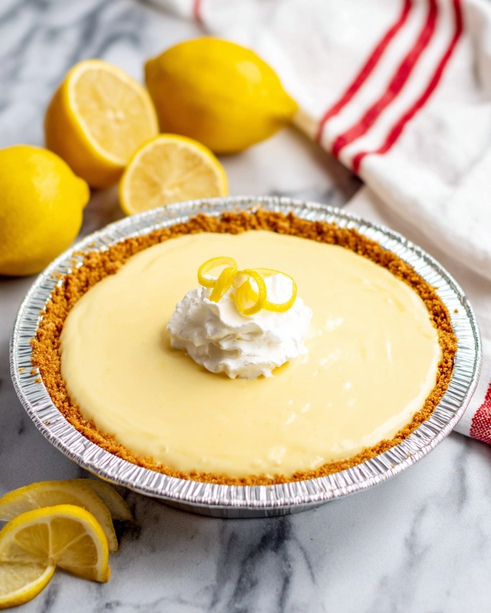 A lemon pie presented in a silver foil pie dish on a white marbled surface, with three bright yellow lemons and one half lemon in the background on the left, and a white cloth with red stripes draped on the right side. The pie has three distinct layers: a rough golden-brown crust forming the base and sides, a smooth pale yellow lemon filling evenly spread on top, and a small dollop of white whipped cream in the center crowned with a bright yellow lemon curl. The photo taken with an iphone --ar 4:5 --v 7