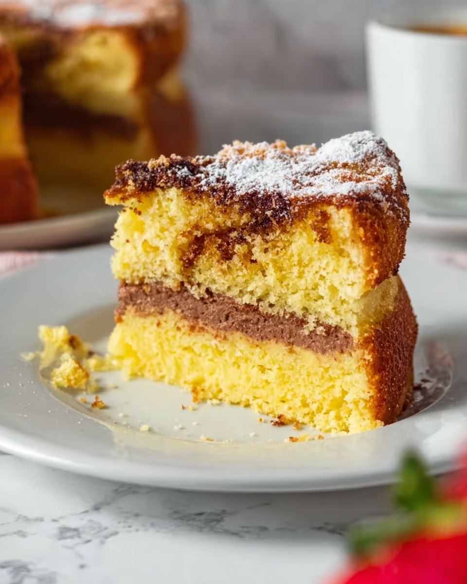 The image shows a close-up of a slice of cake on a white plate, placed on a white marbled surface. The cake has three visible layers: the top layer is golden brown with a crunchy texture and some powdered sugar dusted on top; the middle layer is a thin, dark brown filling that looks smooth and slightly sticky; the bottom layer is thick, dense, and bright yellow with a soft texture. Some crumbs are scattered around the plate, and in the background, a white cup is partly visible along with a blurry red strawberry in the front corner. Photo taken with an iphone --ar 4:5 --v 7