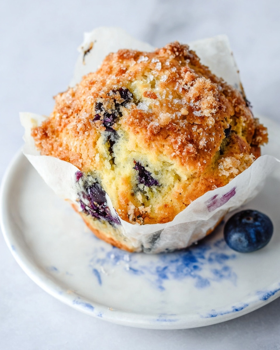 A close-up view of a golden-brown blueberry muffin with a rough, crunchy top sprinkled with coarse sugar crystals. The muffin is wrapped in white parchment paper that crinkles around the sides. Inside the muffin, visible blueberries add deep purple spots contrasting with the soft, light yellow crumb. The muffin sits on a white plate with soft blue patterns around the edges, placed on a white marbled textured surface. A single blueberry rests beside the plate near the bottom right corner. photo taken with an iphone --ar 4:5 --v 7